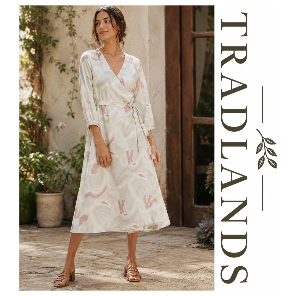 Tradlands Lily Wrap Dress Tencel Linen Blend Midi Dress Beach Coastal Resort XS